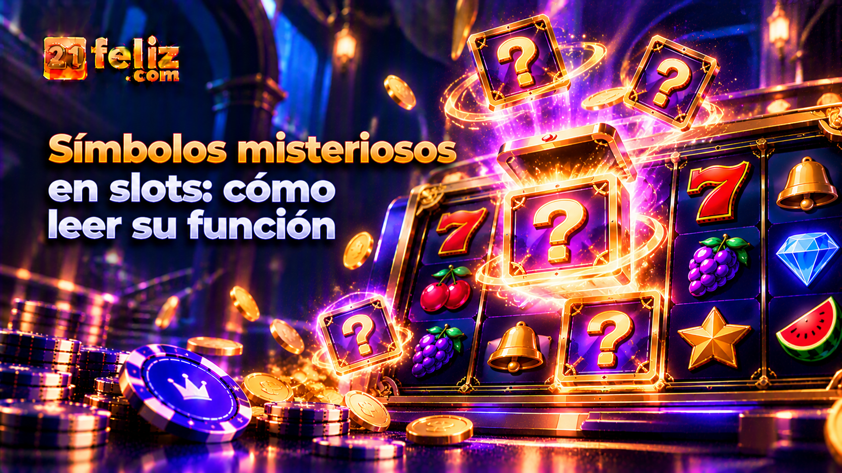 Ilustración conceptual de símbolos misteriosos en slots con elementos de interfaz y controles de juego en un entorno digital oscuro.
