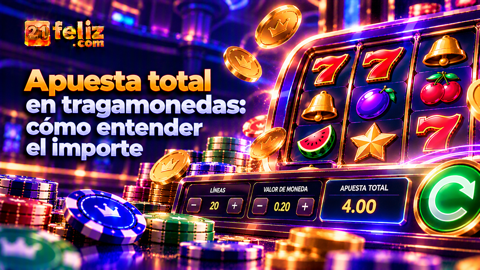 Ilustración conceptual de apuesta total en tragamonedas con elementos de interfaz y controles de juego en un entorno digital oscuro.