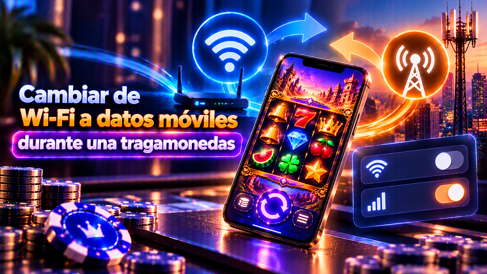 Escena conceptual sobre cambiar de Wi-Fi a datos móviles en tragamonedas con controles de juego en un teléfono y elementos digitales de consulta.