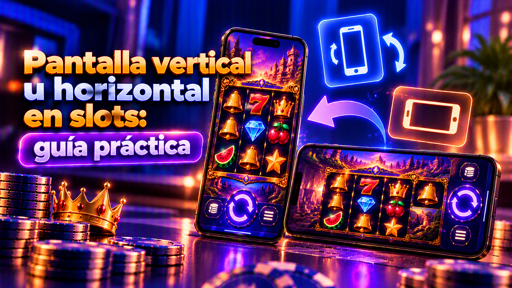 Escena conceptual sobre pantalla vertical u horizontal en slots con controles de juego en un teléfono y elementos digitales de consulta.