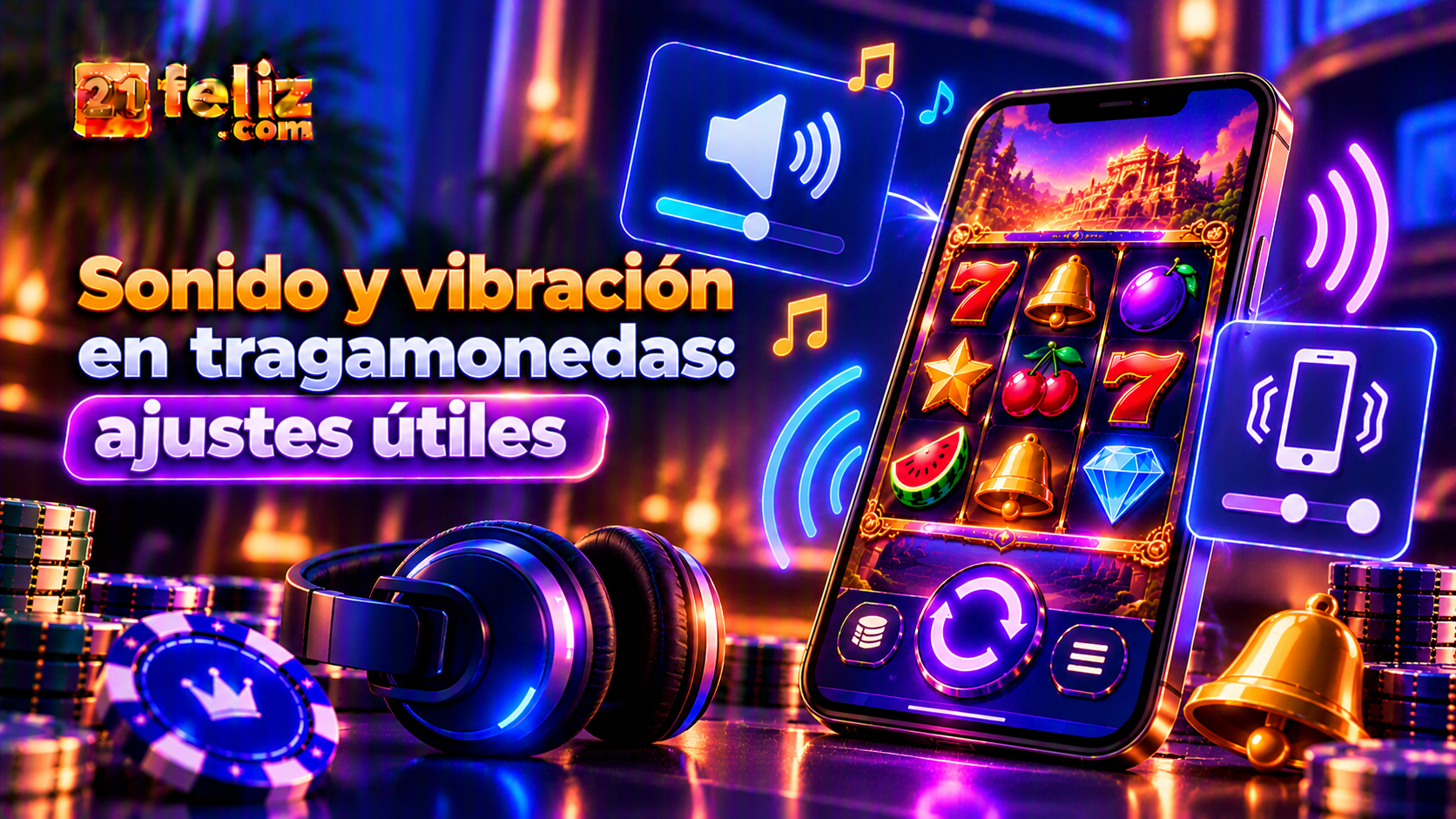 Escena conceptual sobre sonido y vibración en tragamonedas con controles de juego en un teléfono y elementos digitales de consulta.