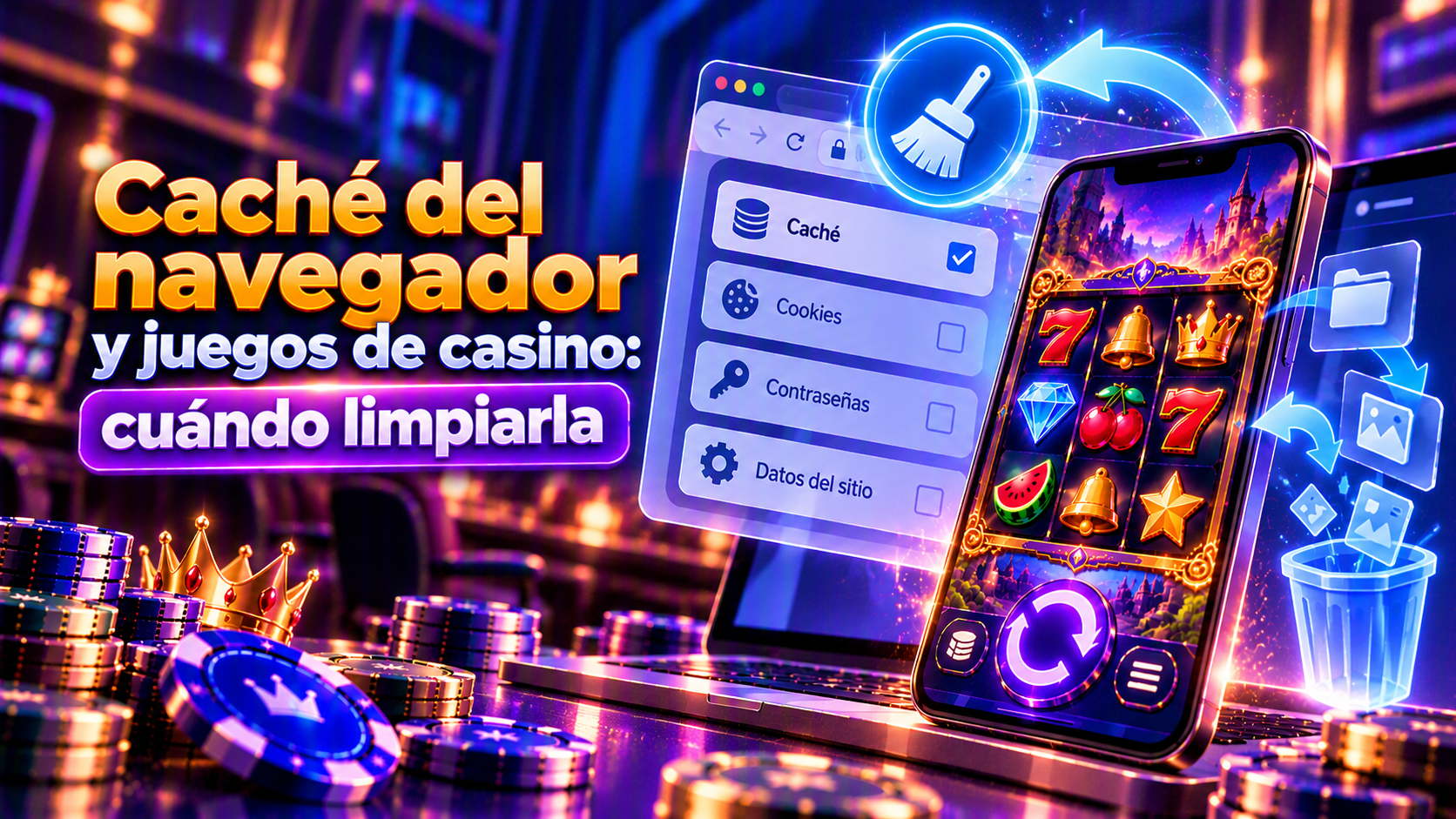 Escena conceptual sobre caché del navegador en juegos de casino con controles de juego en un teléfono y elementos digitales de consulta.
