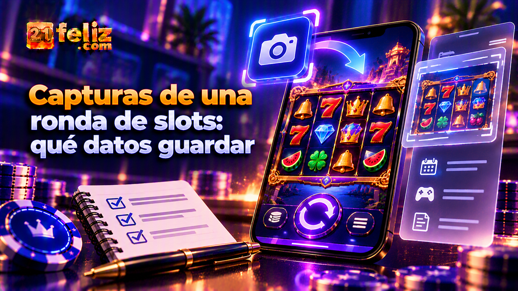 Escena conceptual sobre capturas de una ronda de slots con controles de juego en un teléfono y elementos digitales de consulta.