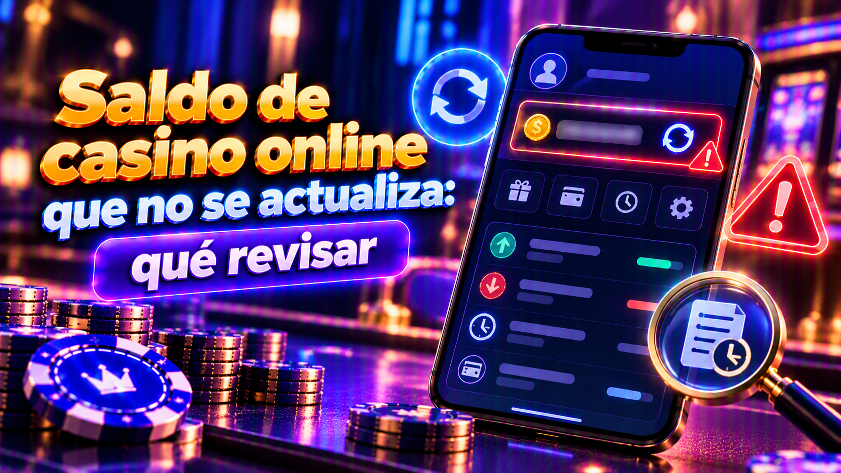 Pantalla conceptual de un celular que ilustra saldo de casino online que no se actualiza con controles y detalles de consulta para usuarios adultos.