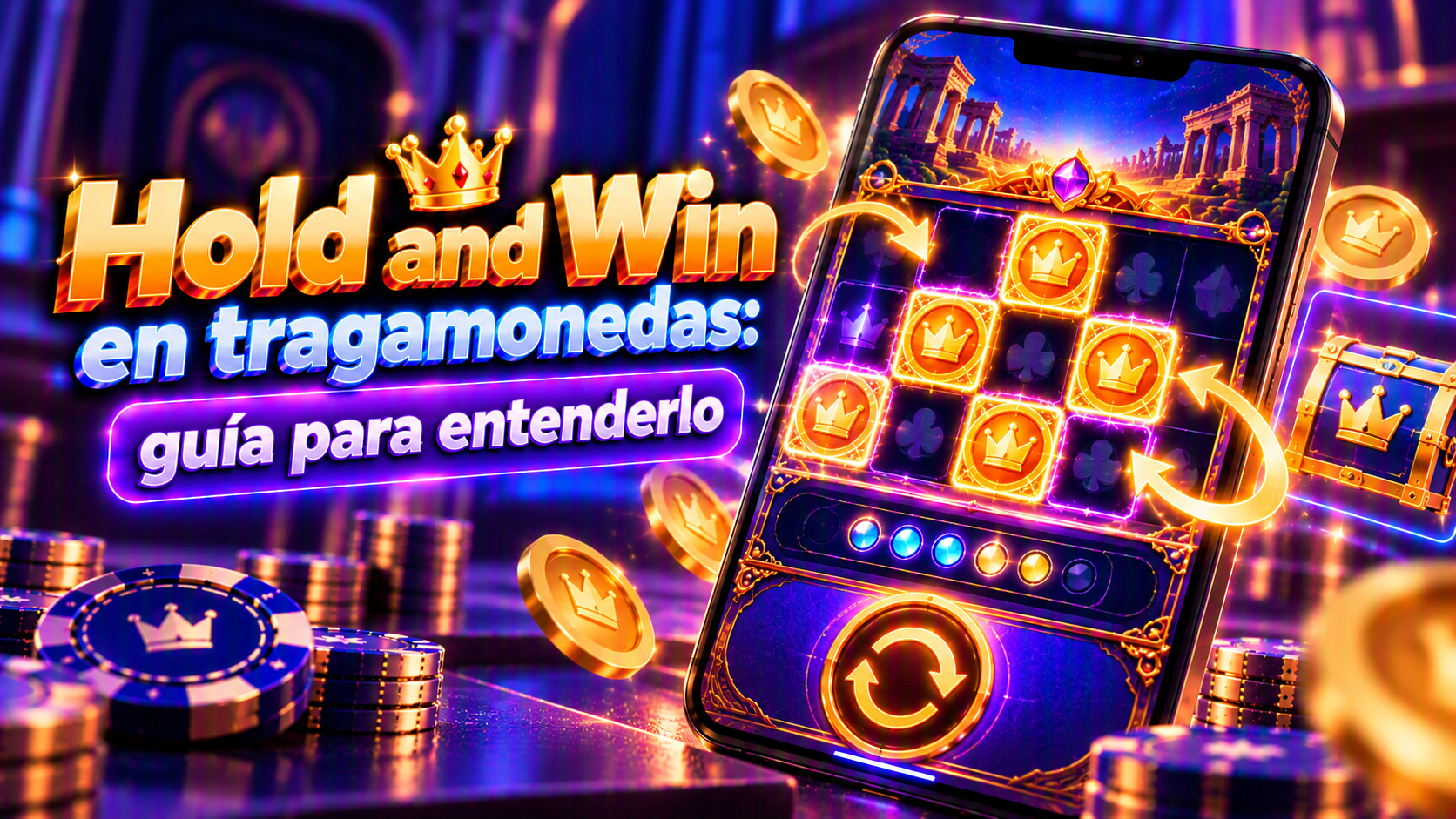 Pantalla conceptual de un celular que ilustra Hold and Win en tragamonedas con controles y detalles de consulta para usuarios adultos.