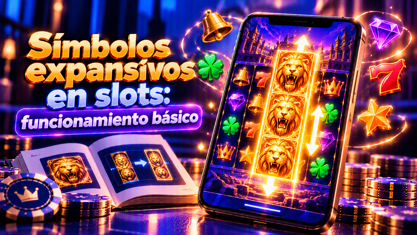 Pantalla conceptual de un celular que ilustra símbolos expansivos en slots con controles y detalles de consulta para usuarios adultos.