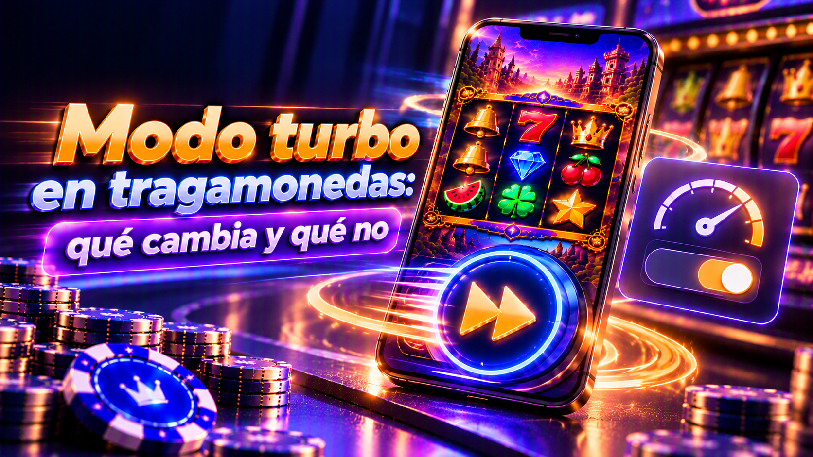 Pantalla conceptual de un celular que ilustra modo turbo en tragamonedas con controles y detalles de consulta para usuarios adultos.