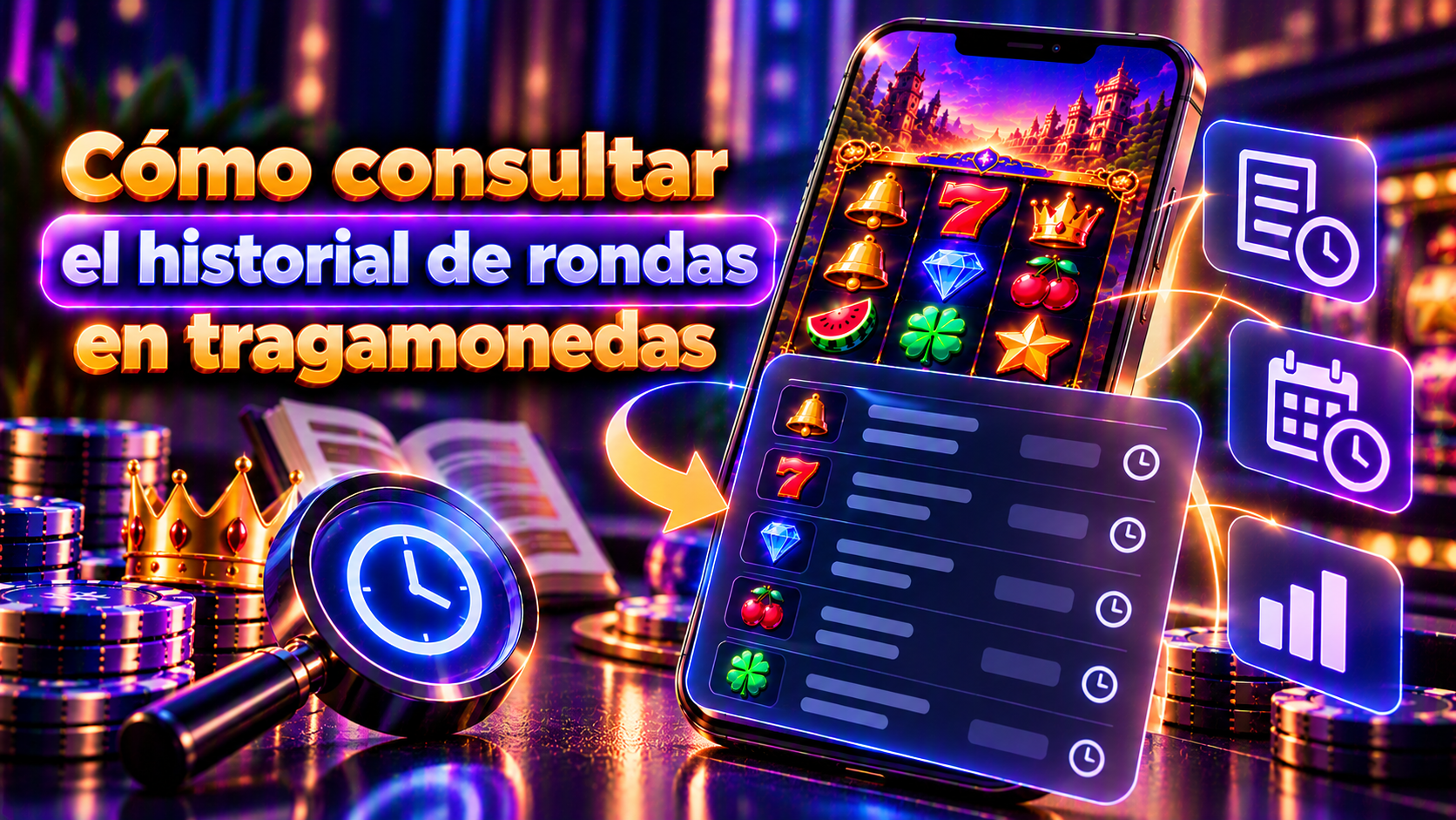 Pantalla conceptual de un celular que ilustra historial de rondas en tragamonedas con controles y detalles de consulta para usuarios adultos.