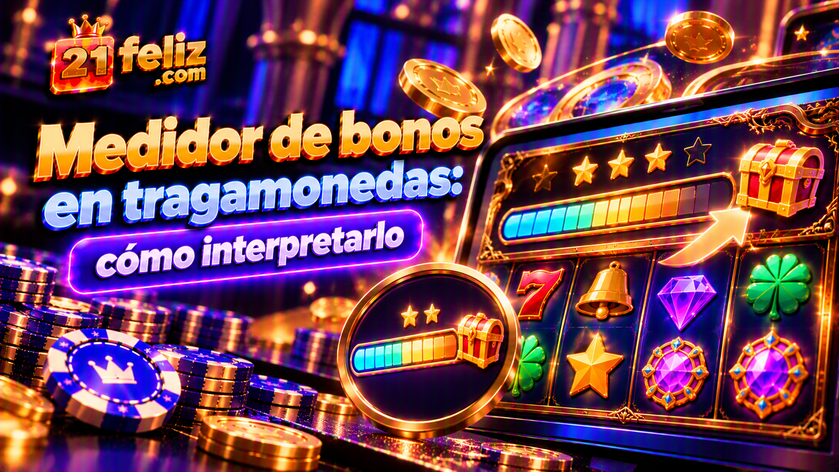 Ilustración conceptual sobre medidor de bonos en tragamonedas con elementos de una tragamonedas y una interfaz de juego.