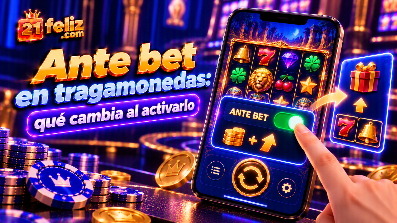Ilustración conceptual sobre ante bet en tragamonedas con elementos de una tragamonedas y una interfaz de juego.