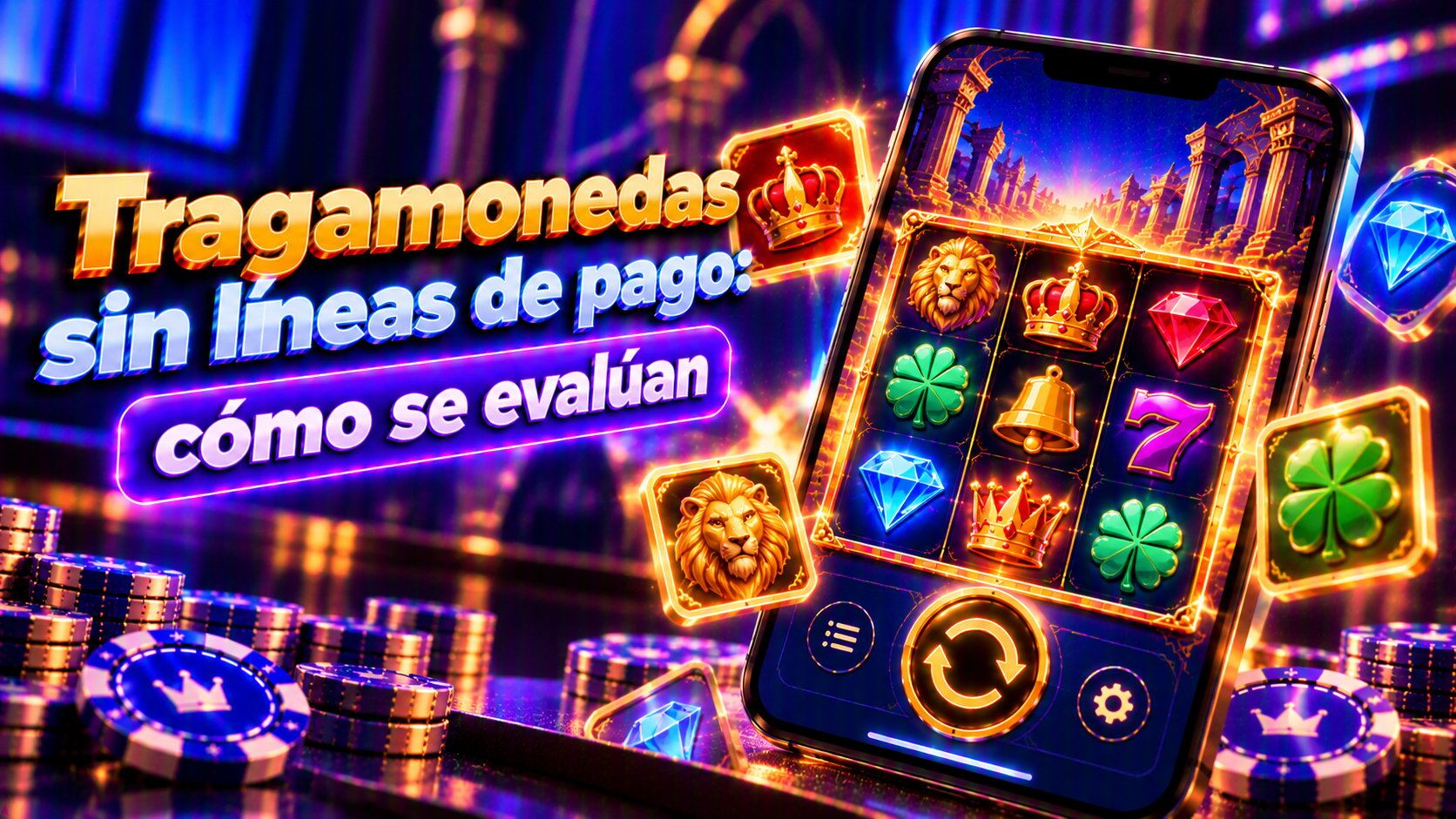 Ilustración conceptual sobre tragamonedas sin líneas de pago con elementos de una tragamonedas y una interfaz de juego.