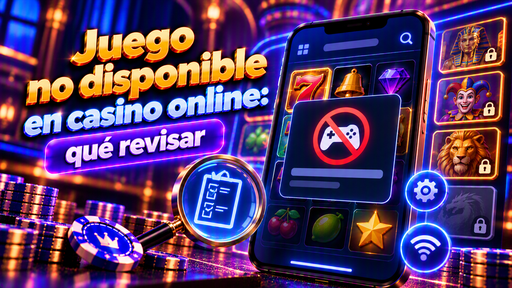 Ilustración conceptual sobre juego no disponible en casino online con elementos de una tragamonedas y una interfaz de juego.