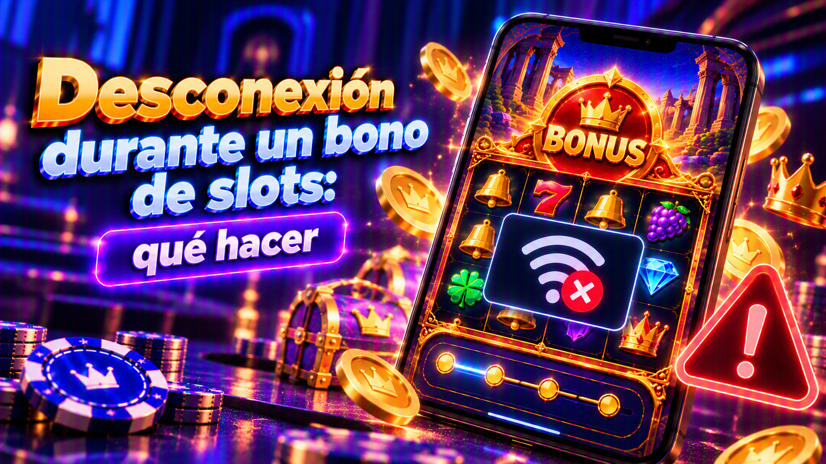 Ilustración conceptual sobre desconexión durante un bono de slots con elementos de una tragamonedas y una interfaz de juego.