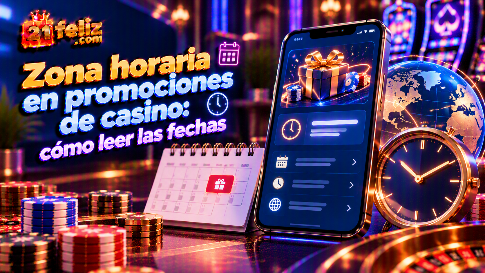 Ilustración educativa sobre zona horaria en promociones de casino con un teléfono y elementos visuales de verificación, sin datos privados.