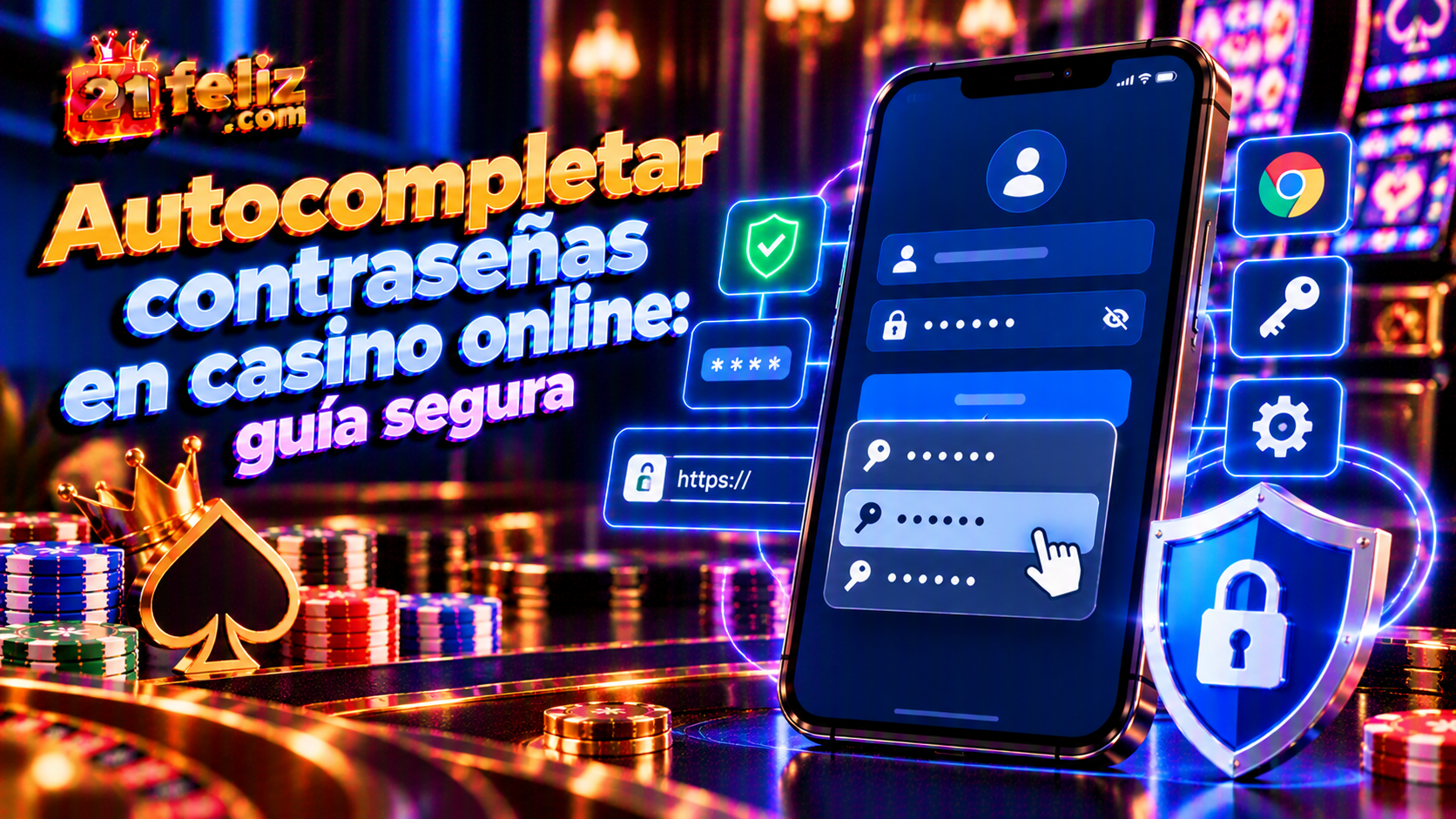 Ilustración educativa sobre autocompletar contraseñas en casino online con un teléfono y elementos visuales de verificación, sin datos privados.