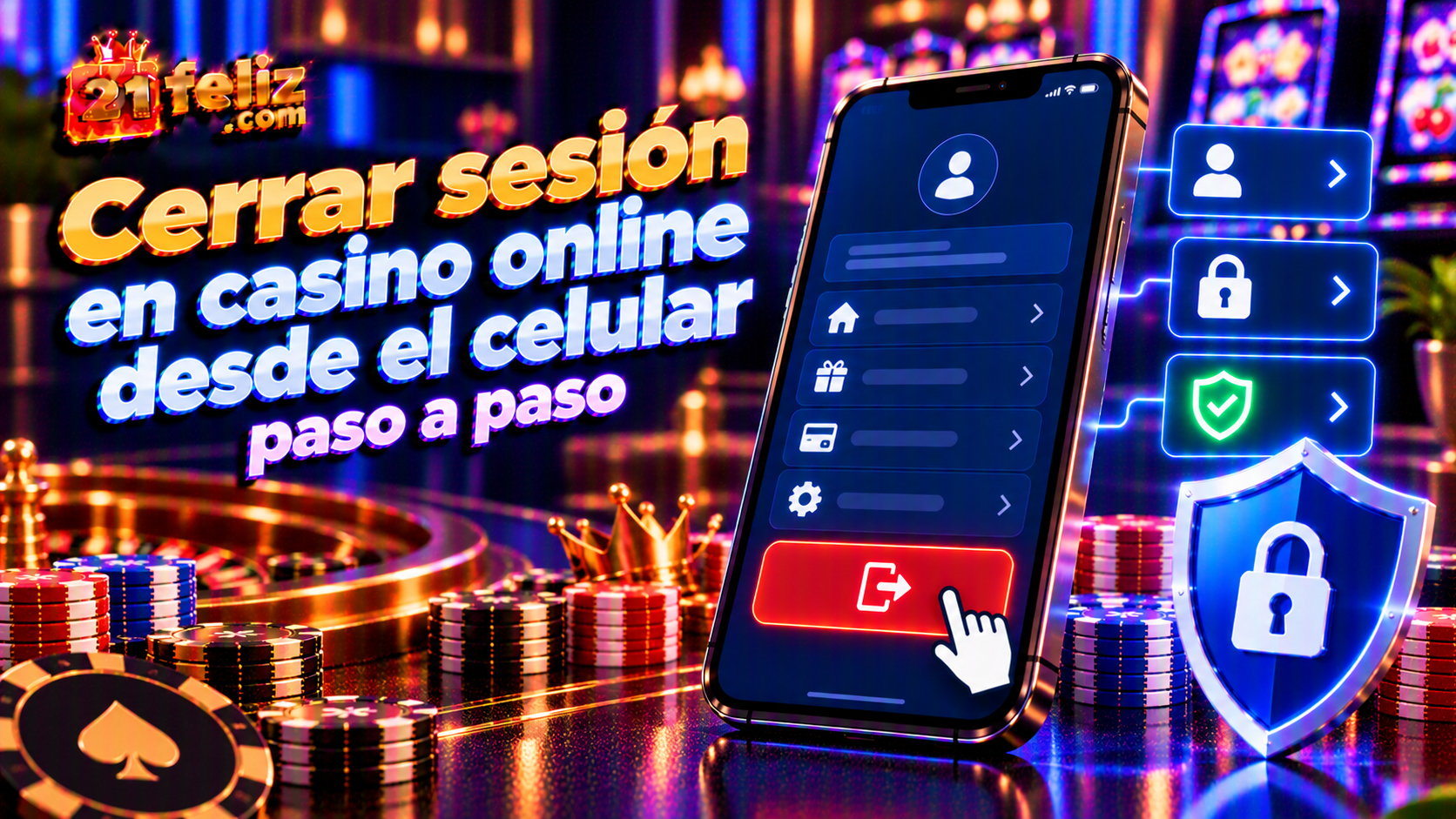 Ilustración educativa sobre cerrar sesión en casino online con un teléfono y elementos visuales de verificación, sin datos privados.