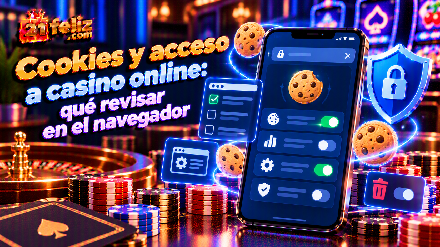 Ilustración educativa sobre cookies y acceso a casino online con un teléfono y elementos visuales de verificación, sin datos privados.