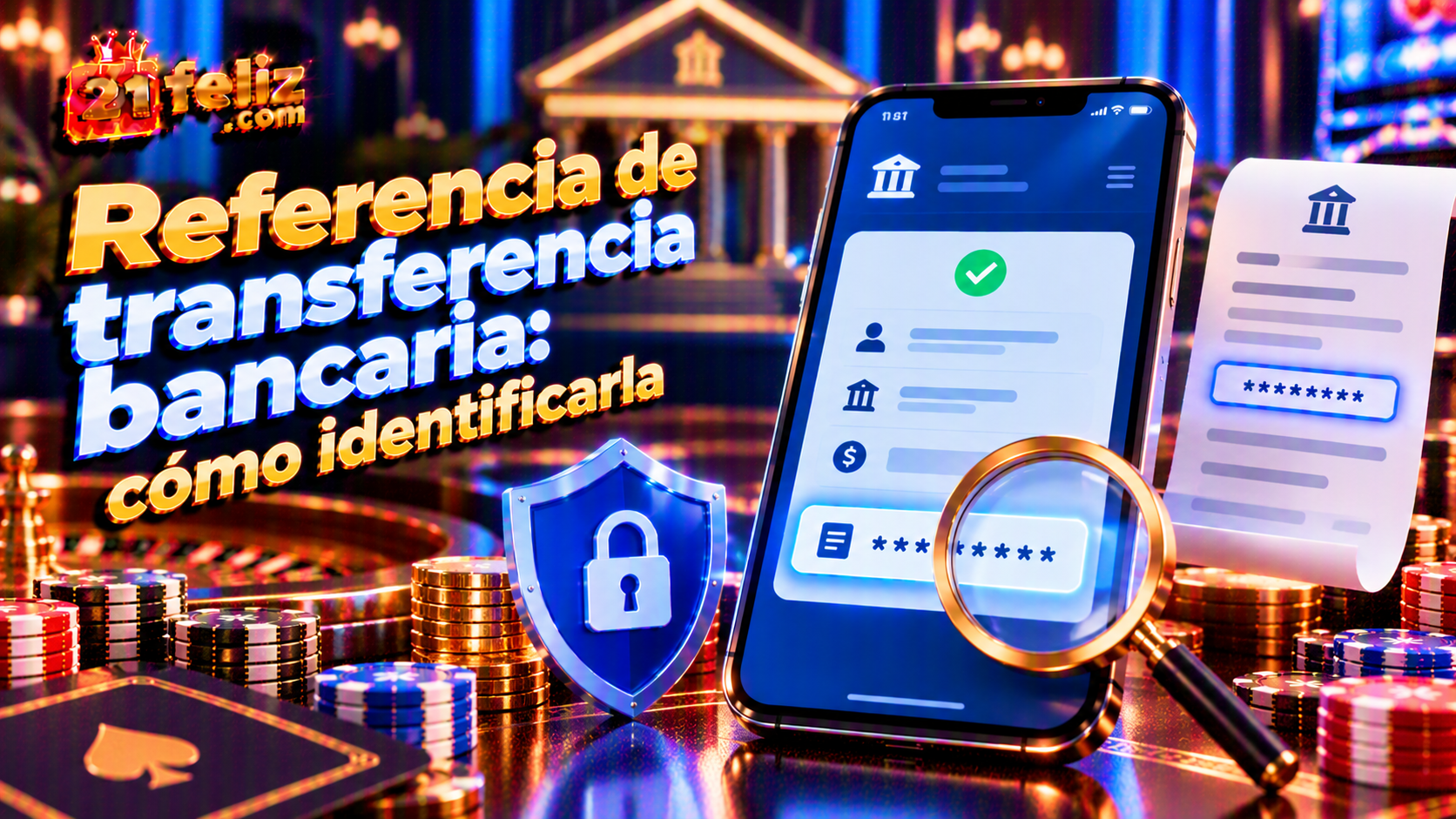 Ilustración educativa sobre referencia de transferencia bancaria con un teléfono y elementos visuales de verificación, sin datos privados.