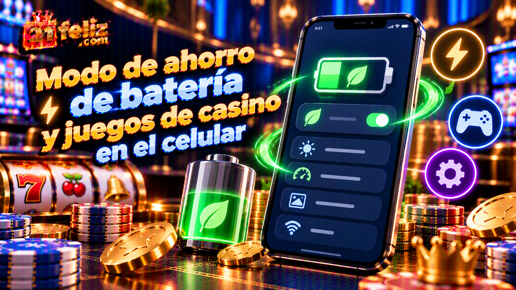 Ilustración educativa sobre ahorro de batería casino móvil, con elementos de interfaz móvil y señales de revisión sin datos personales.