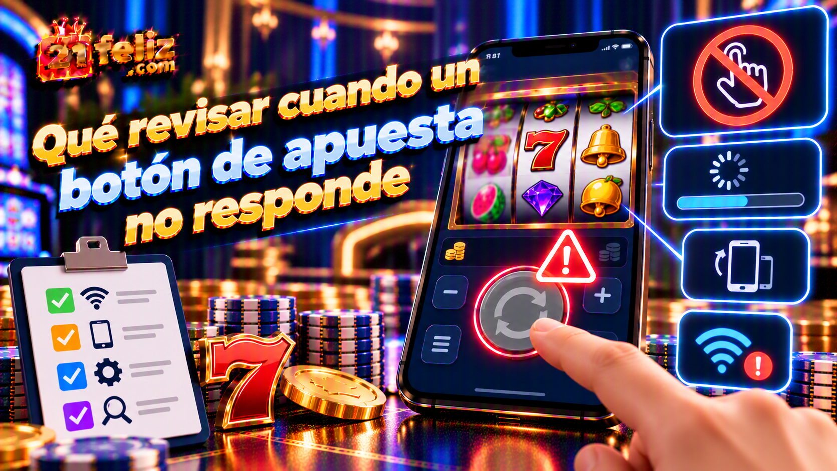 Ilustración educativa sobre botón de apuesta no responde, con elementos de interfaz móvil y señales de revisión sin datos personales.