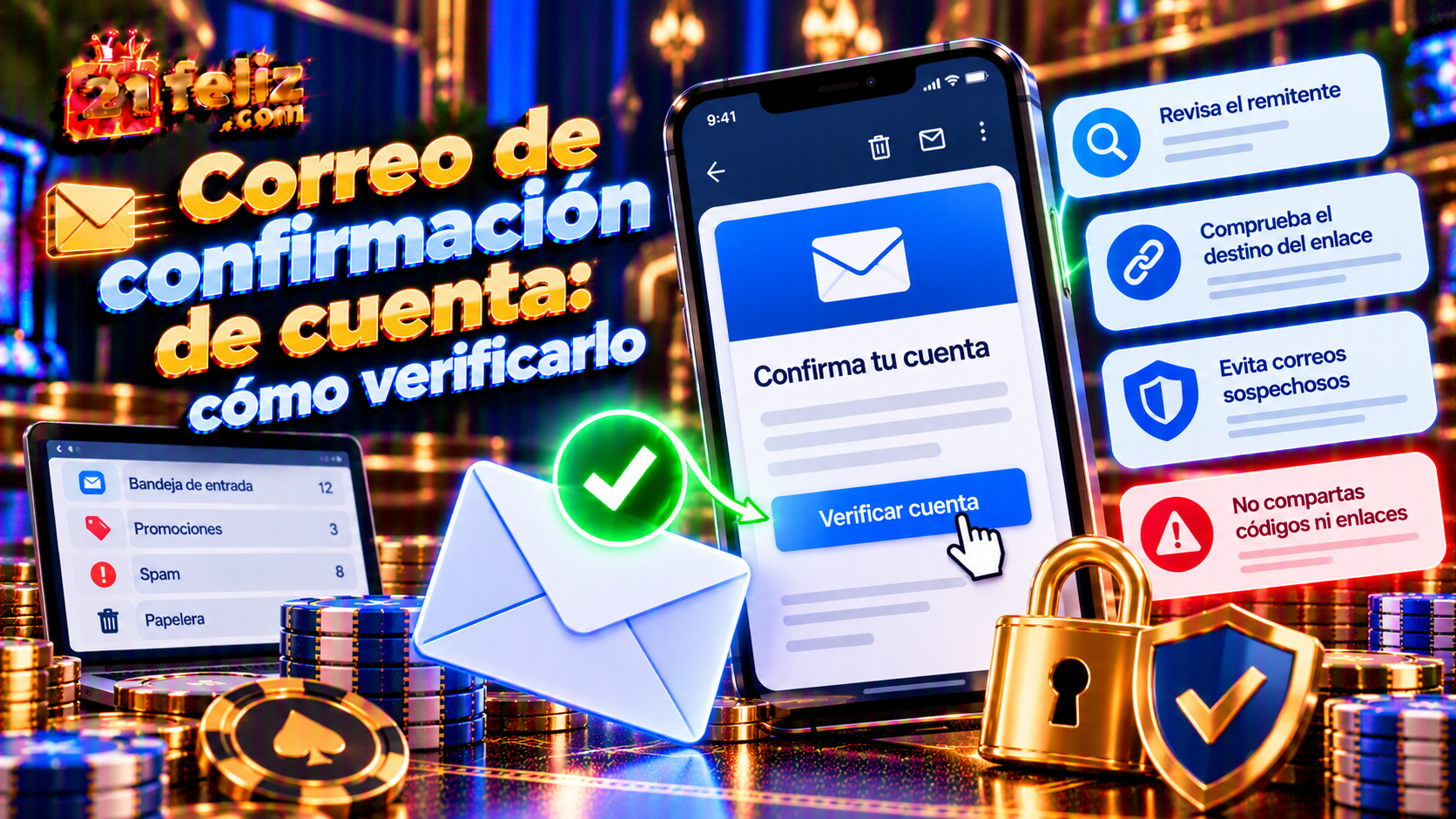 Ilustración educativa sobre correo de confirmación de cuenta, con elementos de interfaz móvil y señales de revisión sin datos personales.
