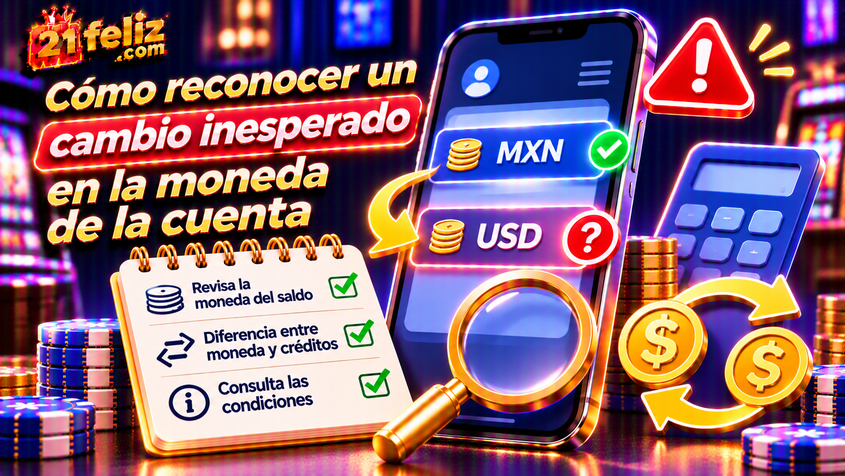 Ilustración informativa sobre moneda de cuenta casino online en un teléfono, con elementos visuales claros y sin datos personales reales.