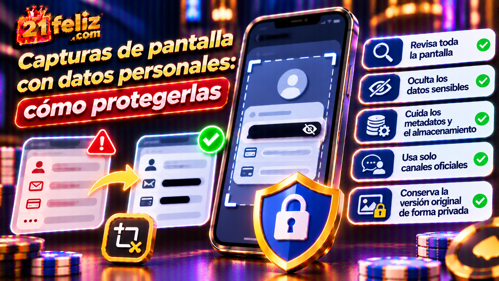 Ilustración informativa sobre capturas de pantalla datos personales en un teléfono, con elementos visuales claros y sin datos personales reales.
