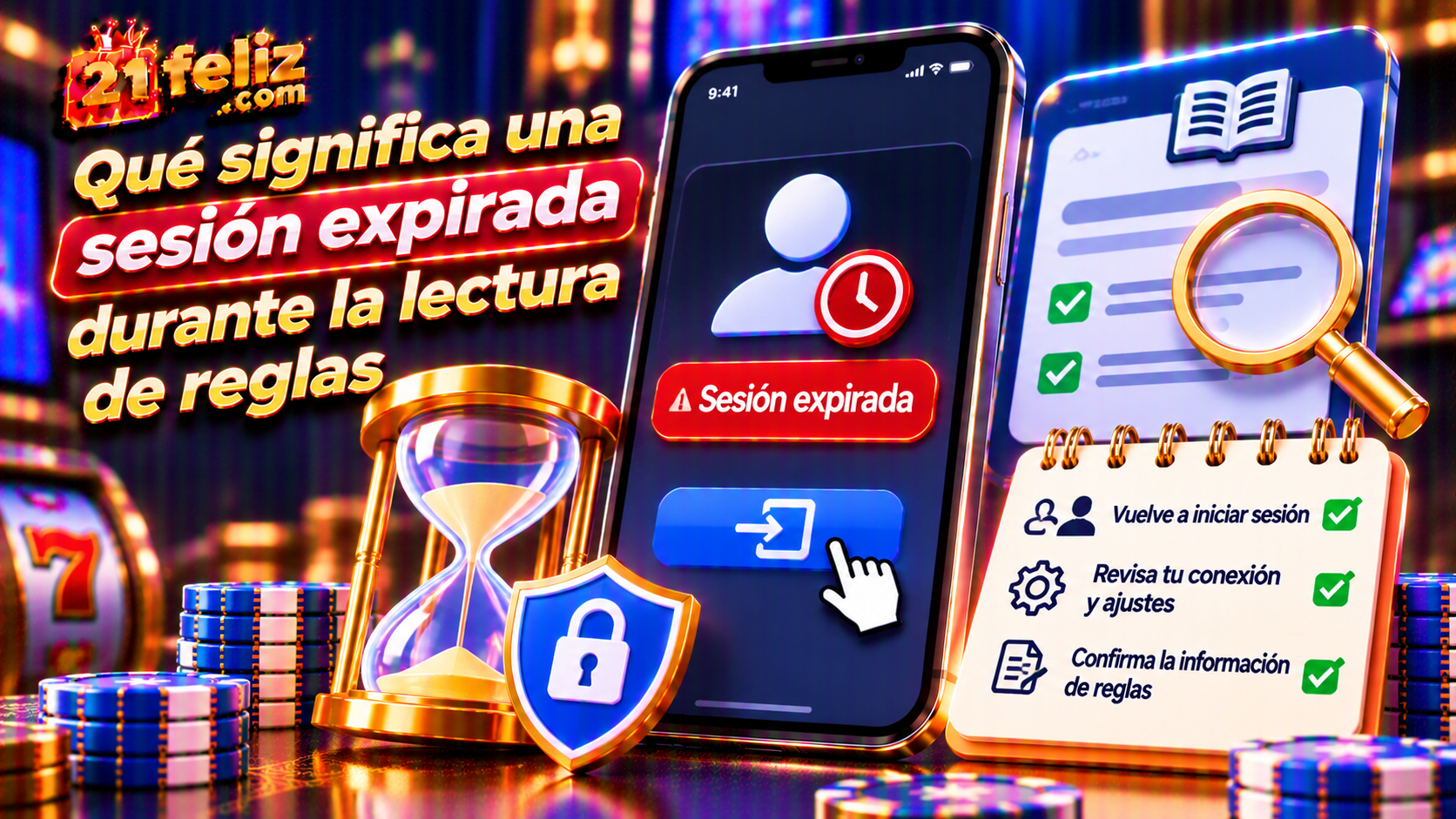 Ilustración informativa sobre sesión expirada casino online en un teléfono, con elementos visuales claros y sin datos personales reales.