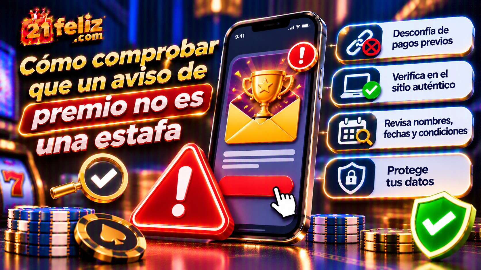 Ilustración informativa sobre aviso de premio falso casino en un teléfono, con elementos visuales claros y sin datos personales reales.