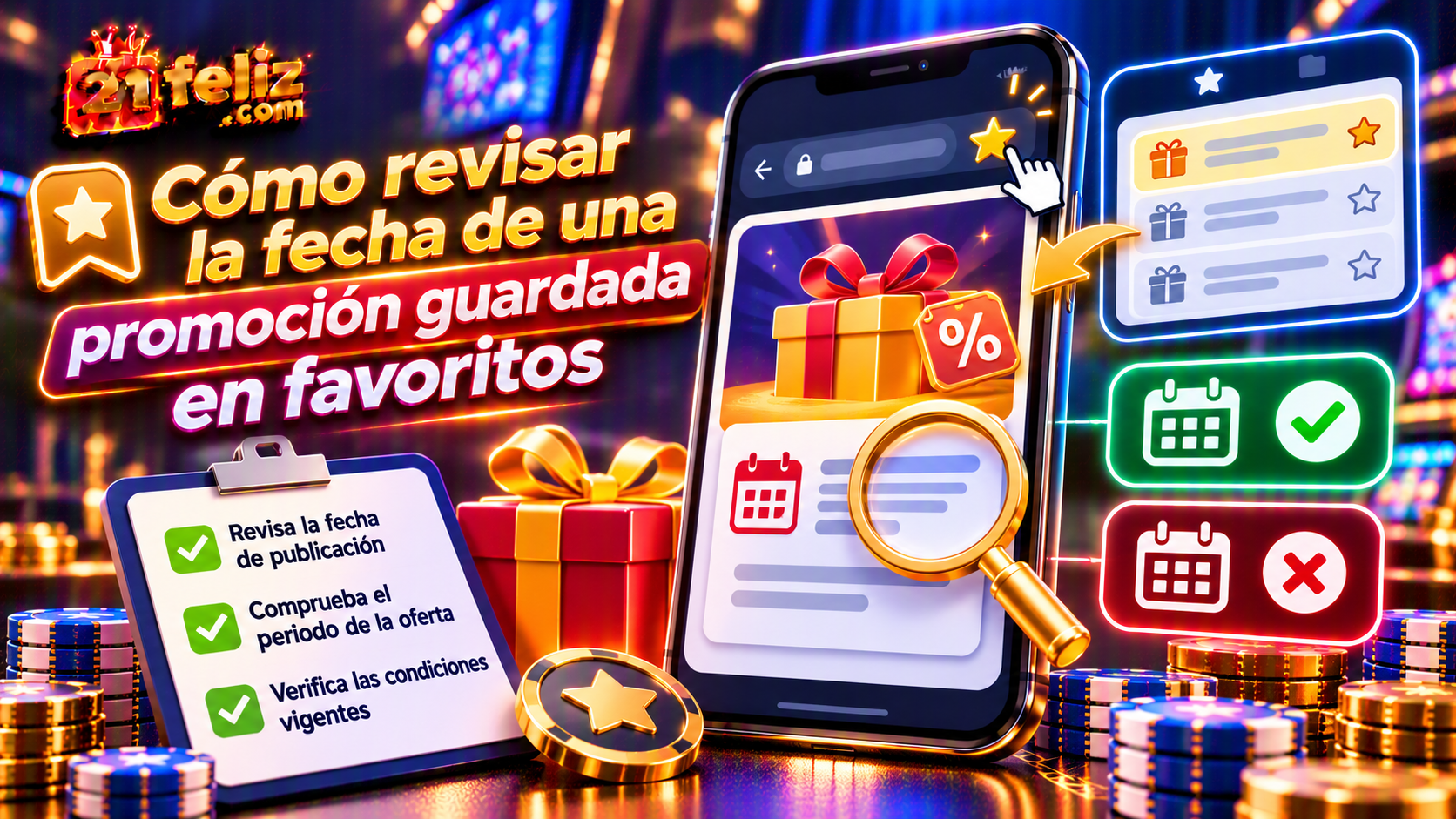 Ilustración informativa sobre promoción guardada en favoritos en un teléfono, con elementos visuales claros y sin datos personales reales.